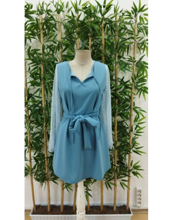 Kadın Uzun Kollu Yakadan Bağcıklı Belden Kuşaklı Ithal Krep Elbise