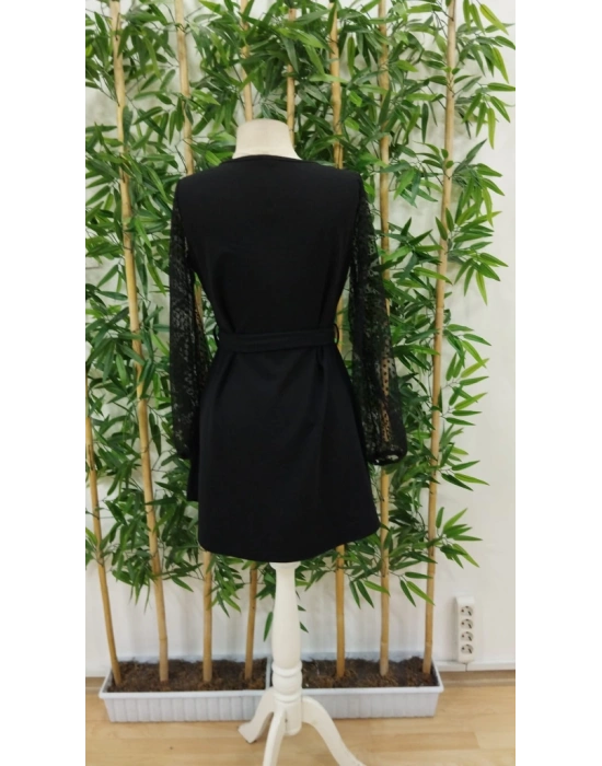 Kadın Uzun Kollu Yakadan Bağcıklı Belden Kuşaklı Ithal Krep Elbise