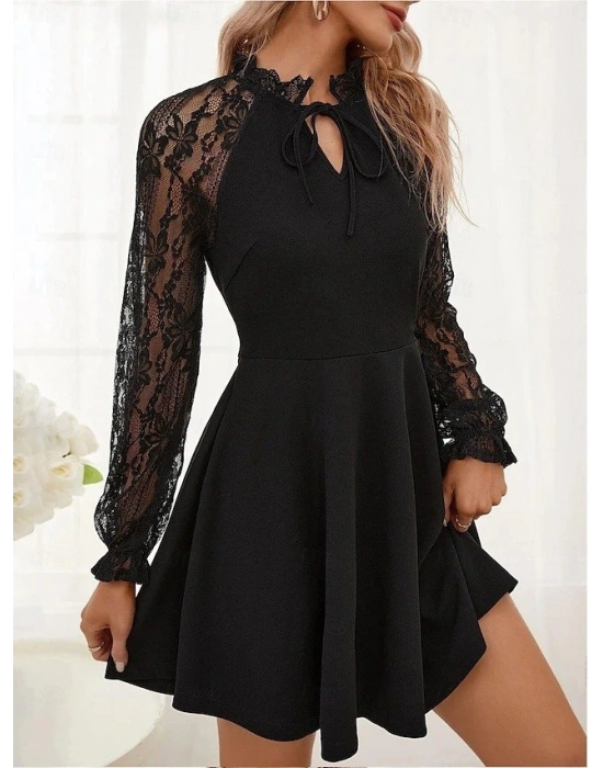 Kadın Uzun Kollu Yakadan Bağcıklı Dantel Detaylı Kısa Ithal Krep Elbise