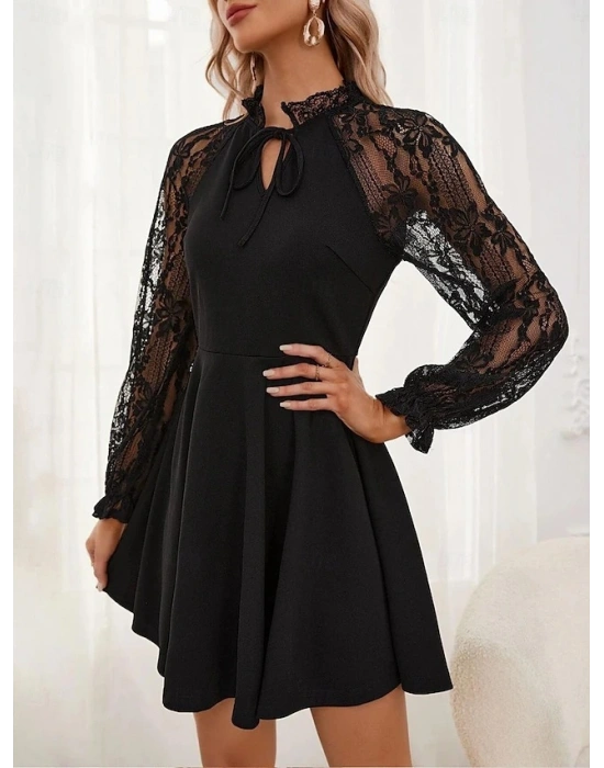 Kadın Uzun Kollu Yakadan Bağcıklı Dantel Detaylı Kısa Ithal Krep Elbise