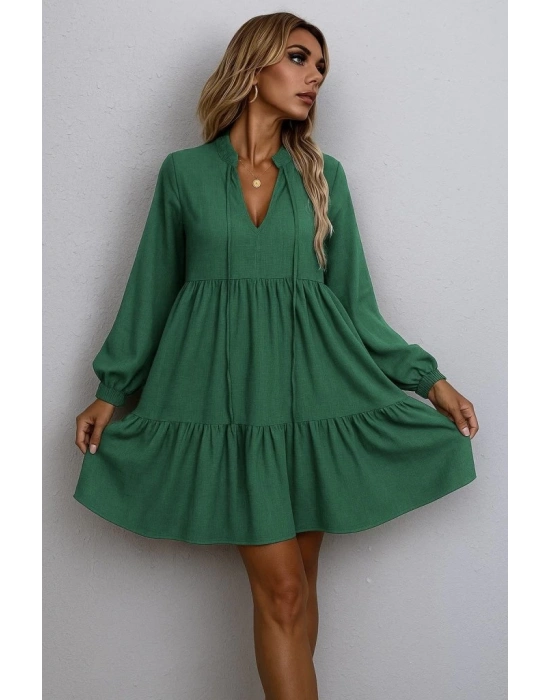 Kadın Uzun Kollu Yakadan Bağcıklı Fırfırlı Keten Mini Elbise