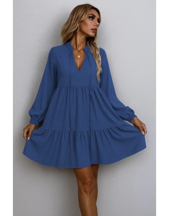 Kadın Uzun Kollu Yakadan Bağcıklı Fırfırlı Keten Mini Elbise