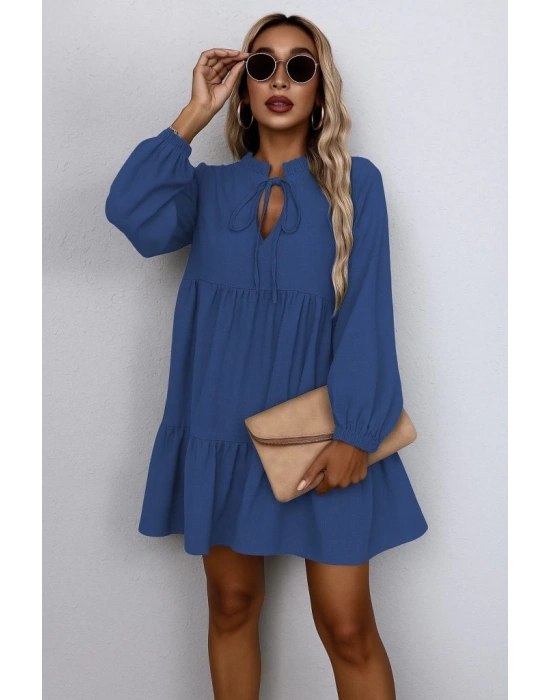 Kadın Uzun Kollu Yakadan Bağcıklı Fırfırlı Keten Mini Elbise