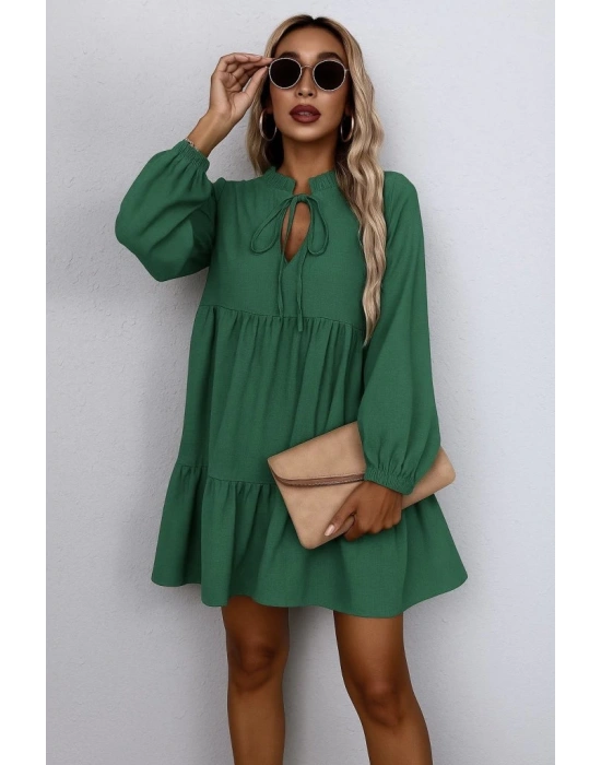 Kadın Uzun Kollu Yakadan Bağcıklı Fırfırlı Keten Mini Elbise