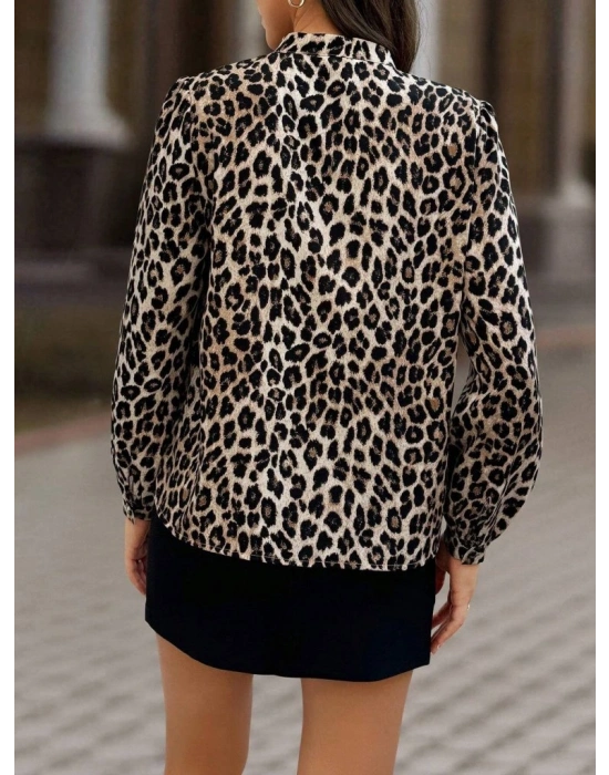 Kadın Uzun Kollu Yakadan Bağcıklı Leopar Desenli Süprem Bluz