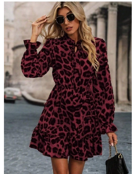 Kadın Uzun Kollu Yakadan Bağcıklı Modal Leopar Desenli Mini Elbise