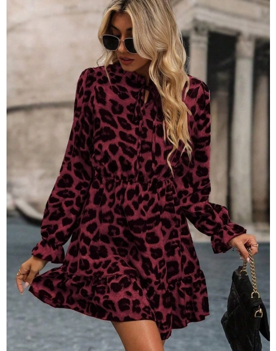Kadın Uzun Kollu Yakadan Bağcıklı Modal Leopar Desenli Mini Elbise