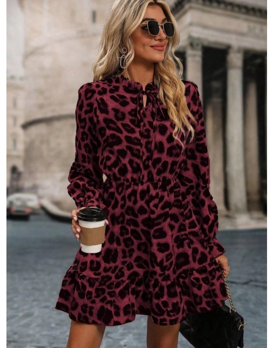 Kadın Uzun Kollu Yakadan Bağcıklı Modal Leopar Desenli Mini Elbise
