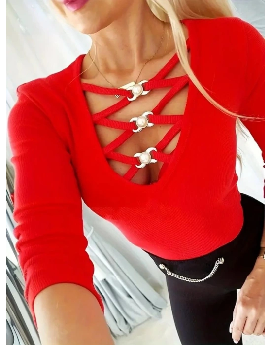 Kadın Uzun Kollu Yakadan çapraz Detaylı Kaşkorse Bluz