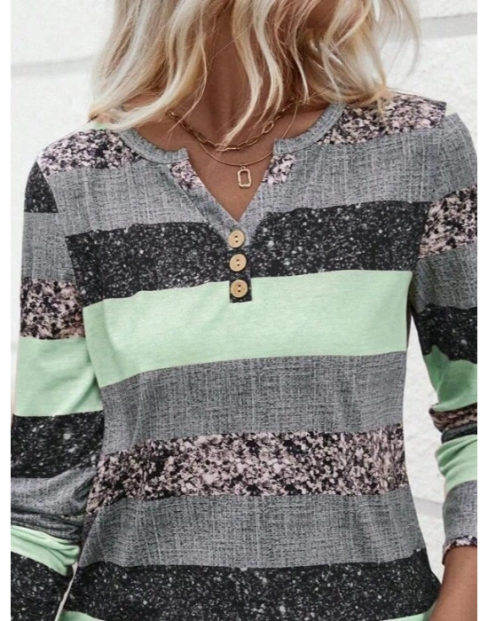 Kadın Uzun Kollu Yakadan Düğmeli çizgili Desenli Süprem Bluz