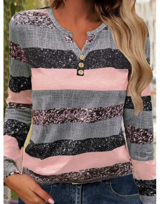 Kadın Uzun Kollu Yakadan Düğmeli çizgili Desenli Süprem Bluz