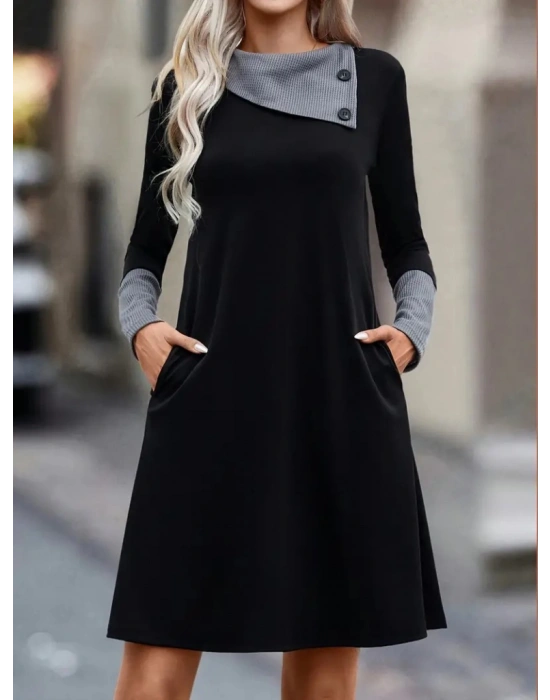 Kadın Uzun Kollu Yakadan Düğmeli Kısa Viskon Iki Iplik Elbise