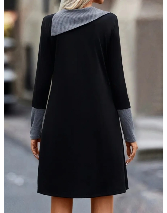 Kadın Uzun Kollu Yakadan Düğmeli Kısa Viskon Iki Iplik Elbise