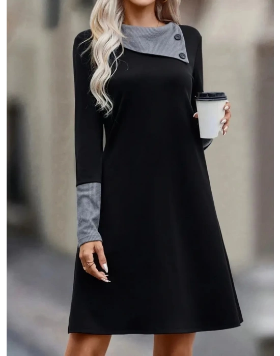 Kadın Uzun Kollu Yakadan Düğmeli Kısa Viskon Iki Iplik Elbise