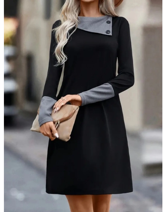 Kadın Uzun Kollu Yakadan Düğmeli Kısa Viskon Iki Iplik Elbise