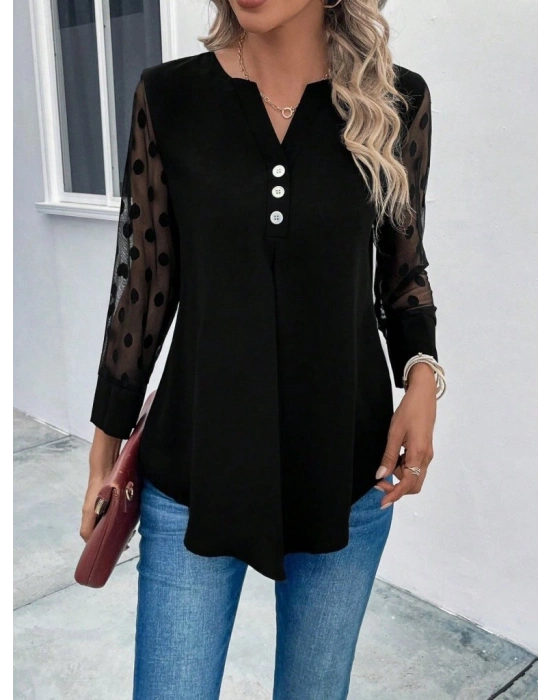 Kadın Uzun Kollu Yakadan Düğmeli Kolları Tül Detaylı Viskon Bluz