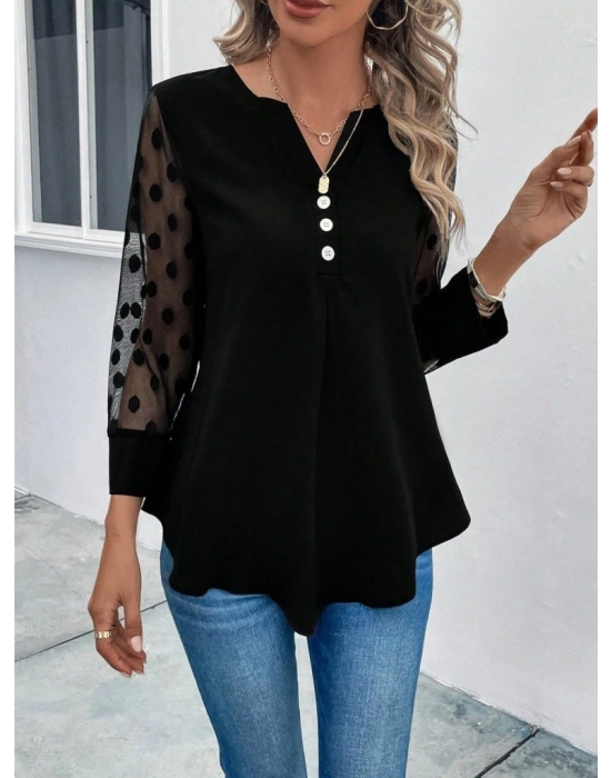 Kadın Uzun Kollu Yakadan Düğmeli Kolları Tül Detaylı Viskon Bluz
