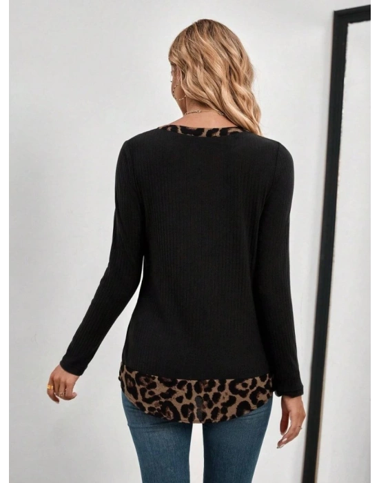 Kadın Uzun Kollu Yakadan Düğmeli Leopar Detaylı Kaşkorse Bluz