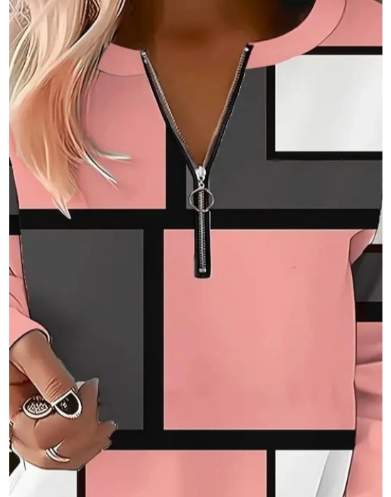 Kadın Uzun Kollu Yakadan Fermuarlı Desenli şardonlu Dalgıç Bluz