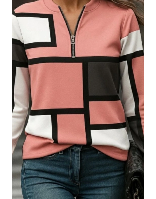 Kadın Uzun Kollu Yakadan Fermuarlı Desenli şardonlu Dalgıç Bluz