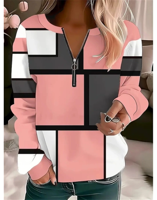 Kadın Uzun Kollu Yakadan Fermuarlı Desenli şardonlu Dalgıç Bluz