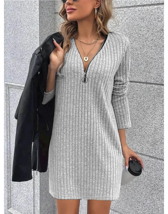 Kadın Uzun Kollu Yakadan Fermuarlı Kısa şardonlu Kaşkorse Elbise