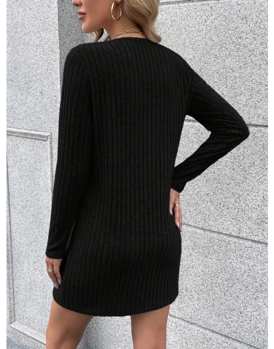 Kadın Uzun Kollu Yakadan Fermuarlı Kısa şardonlu Kaşkorse Elbise