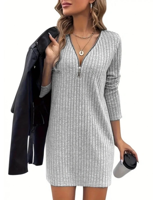 Kadın Uzun Kollu Yakadan Fermuarlı Kısa şardonlu Kaşkorse Elbise