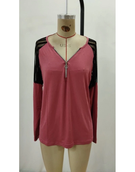 Kadın Uzun Kollu Yakadan Fermuarlı Viskon Bluz