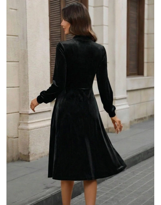 Kadın Uzun Kollu Yakadan Fiyonklu Cepli Midi Kadife Elbise