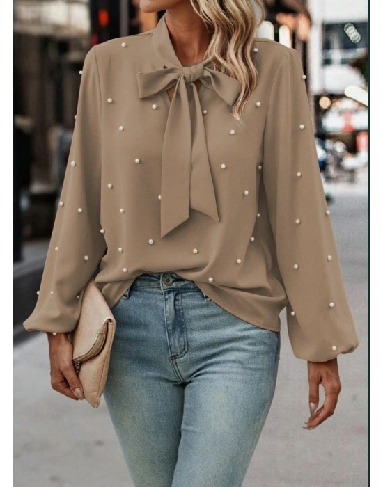 Kadın Uzun Kollu Yakadan Fiyonklu Incili Ithal Krep Bluz