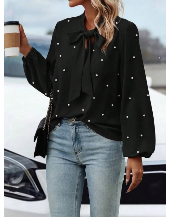 Kadın Uzun Kollu Yakadan Fiyonklu Incili Ithal Krep Bluz