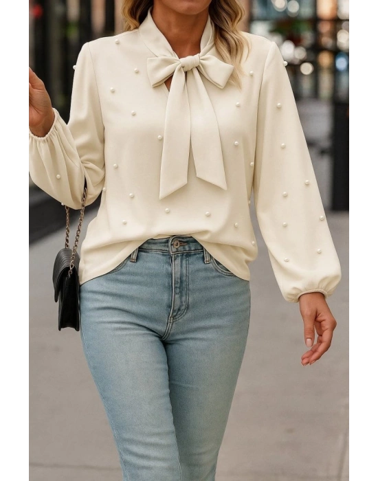 Kadın Uzun Kollu Yakadan Fiyonklu Incili Ithal Krep Bluz