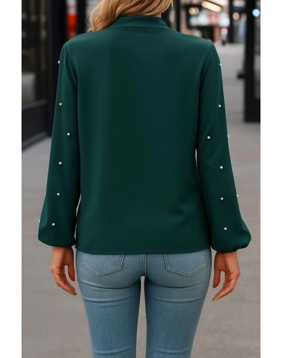 Kadın Uzun Kollu Yakadan Fiyonklu Incili Ithal Krep Bluz