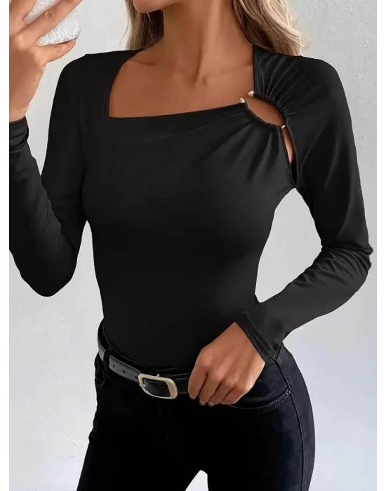 Kadın Uzun Kollu Yakadan Halka Detaylı Viskon Bluz