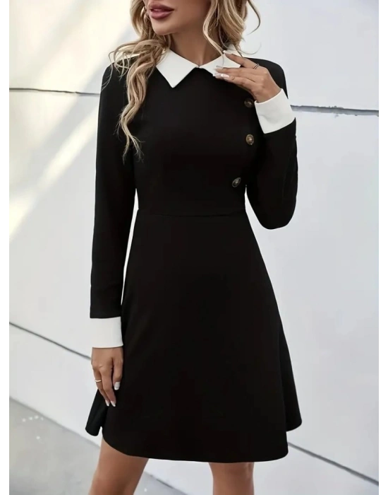 Kadın Uzun Kollu Yakalı A Kesim Kısa Ithal Krep Elbise