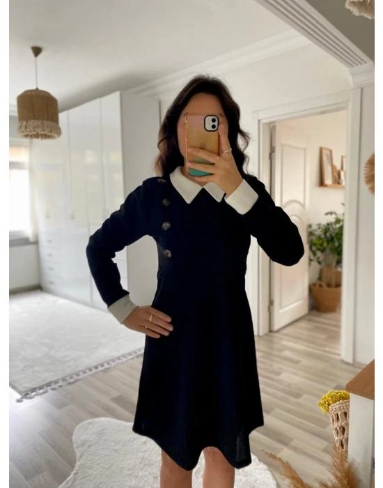 Kadın Uzun Kollu Yakalı A Kesim Kısa Ithal Krep Elbise