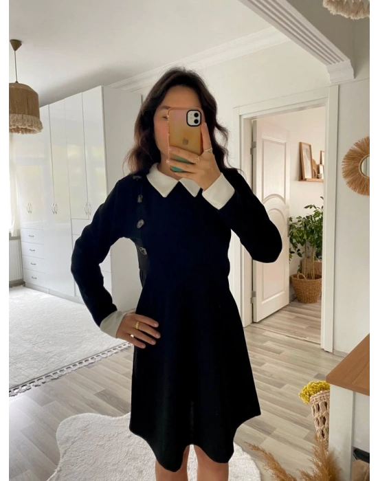 Kadın Uzun Kollu Yakalı A Kesim Kısa Ithal Krep Elbise