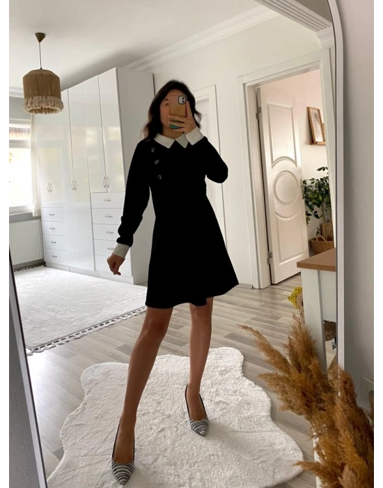 Kadın Uzun Kollu Yakalı A Kesim Kısa Ithal Krep Elbise