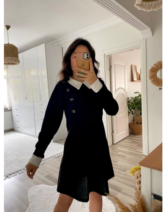 Kadın Uzun Kollu Yakalı A Kesim Kısa Ithal Krep Elbise