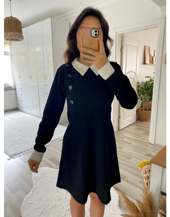 Kadın Uzun Kollu Yakalı A Kesim Kısa Ithal Krep Elbise