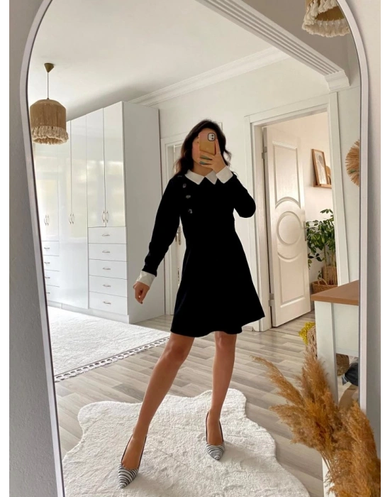 Kadın Uzun Kollu Yakalı A Kesim Kısa Ithal Krep Elbise