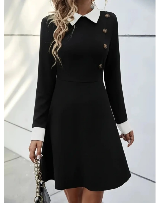 Kadın Uzun Kollu Yakalı A Kesim Kısa Ithal Krep Elbise