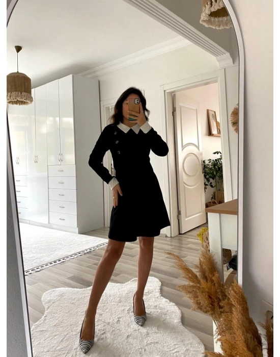 Kadın Uzun Kollu Yakalı A Kesim Kısa Ithal Krep Elbise