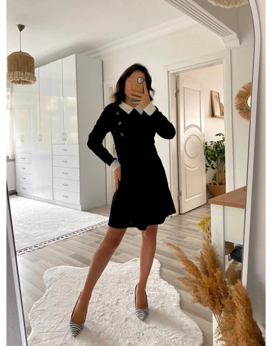 Kadın Uzun Kollu Yakalı A Kesim Kısa Ithal Krep Elbise