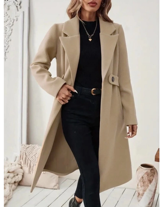 Kadın Uzun Kollu Yakalı Belde şerit Düğme Detaylı Cepli Mini Kaşe Kaban