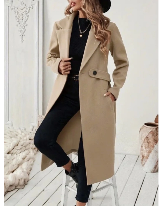 Kadın Uzun Kollu Yakalı Belde şerit Düğme Detaylı Cepli Mini Kaşe Kaban