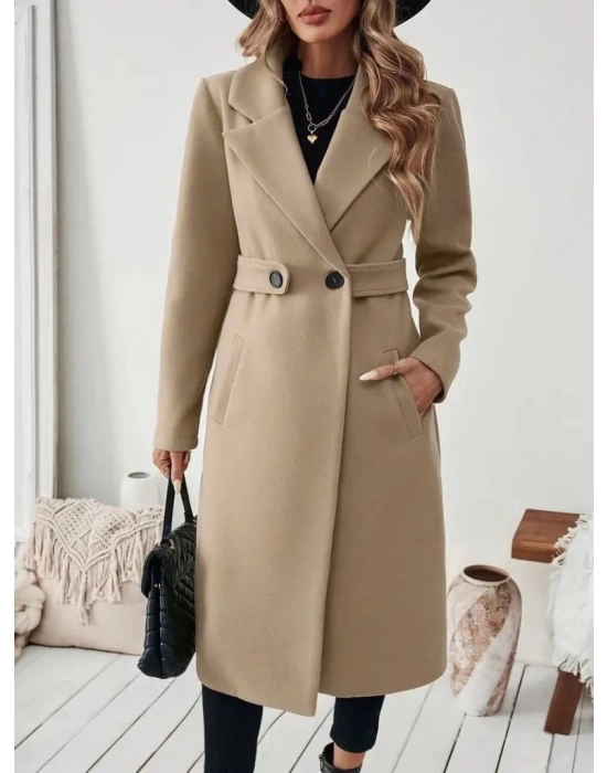 Kadın Uzun Kollu Yakalı Belde şerit Düğme Detaylı Cepli Mini Kaşe Kaban