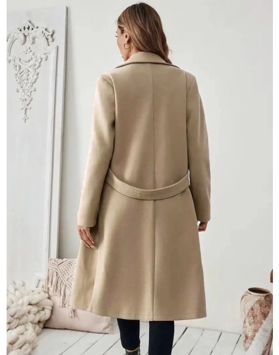 Kadın Uzun Kollu Yakalı Belde şerit Düğme Detaylı Cepli Mini Kaşe Kaban