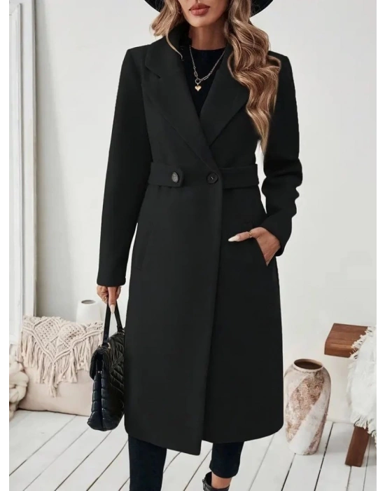 Kadın Uzun Kollu Yakalı Belde şerit Düğme Detaylı Cepli Mini Kaşe Kaban